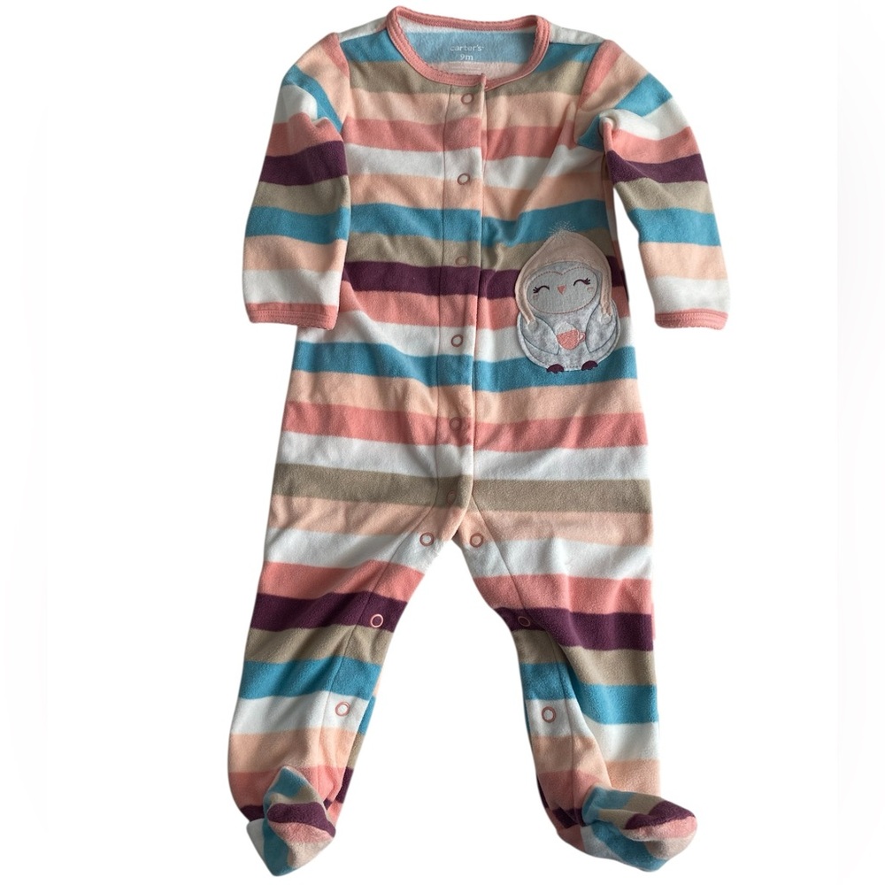 Carter’s Striped Footie Pajamas with Owl Patch Size 9 Months Baby Girl Fleece